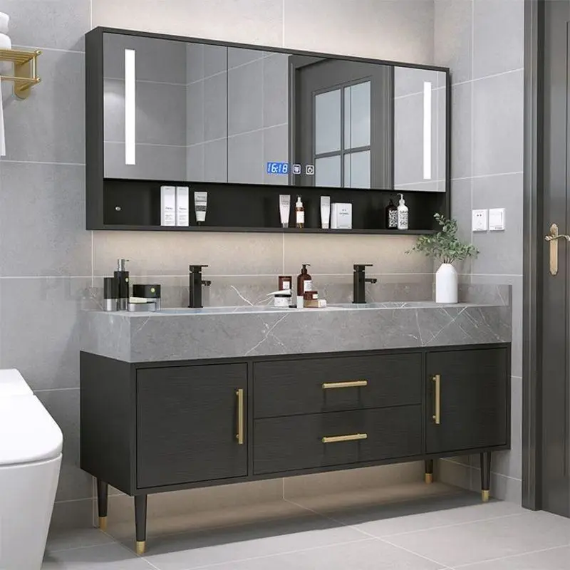 Wholesale Dark Gray Floor Standing Double Sink Bathroom Vanity with 3 Door LED Mirror Cabinet and Open Shelf for Home Ho — view 2