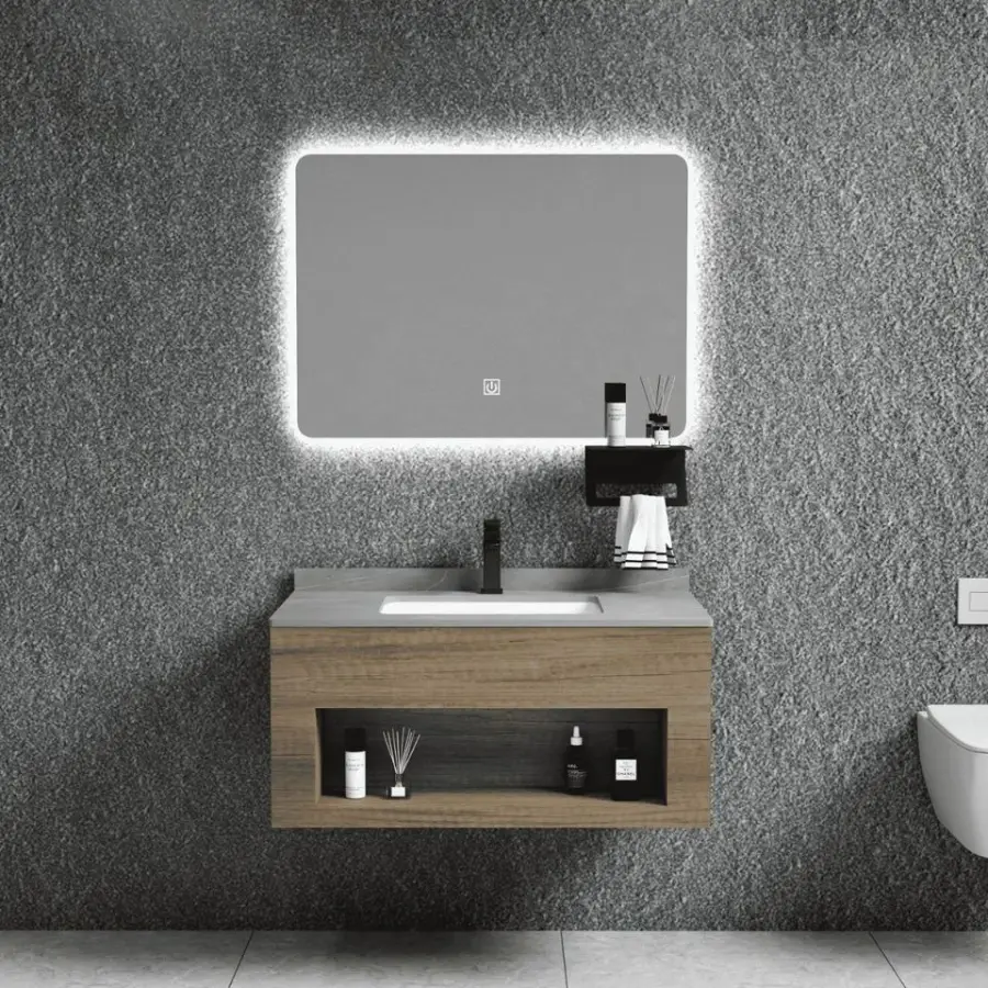 Customized Wall-Mounted Led Mirror Washbasin Stone Basin PVC Dressing Table Bathroom Vanity for Hotel Apartment — image 4