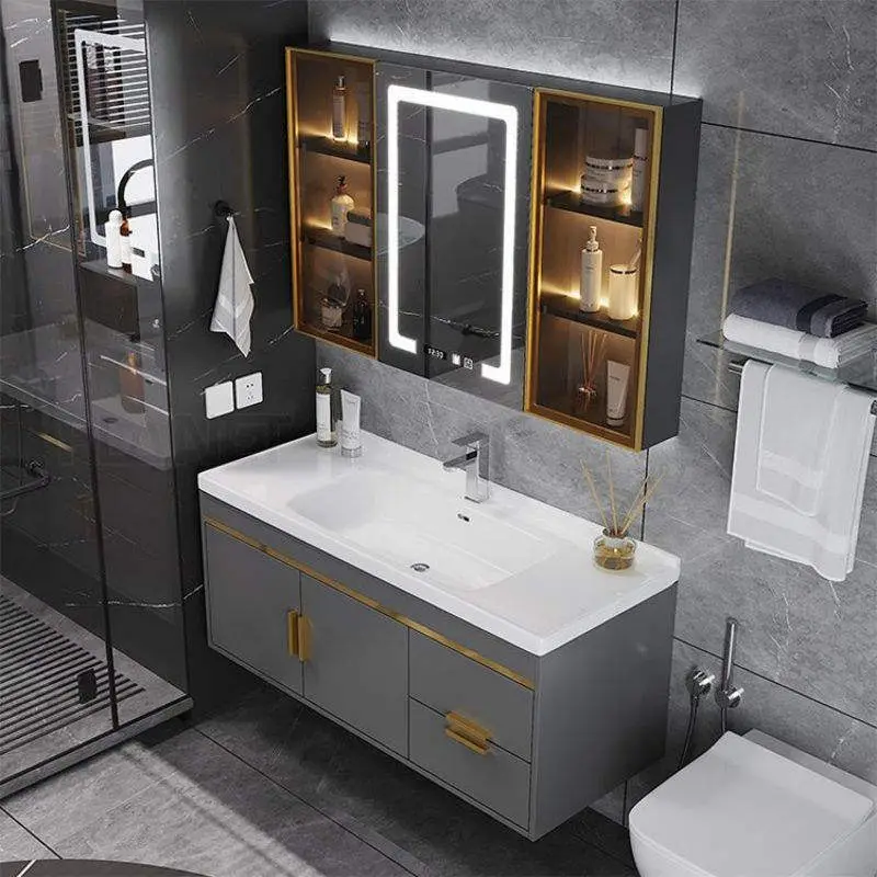 Wholesale Dark Gray Floor Standing Double Sink Bathroom Vanity with 3 Door LED Mirror Cabinet and Open Shelf for Home Ho — view 3