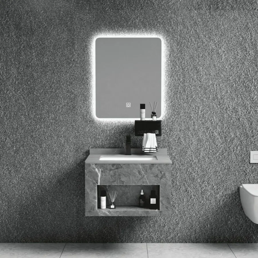 Customized Wall-Mounted Led Mirror Washbasin Stone Basin PVC Dressing Table Bathroom Vanity for Hotel Apartment — image 5