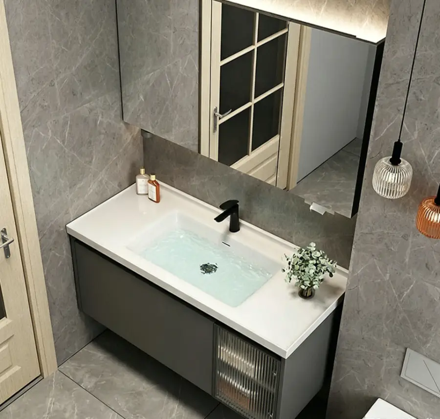 2026 New Model Wall-mounted Gray Single-drawer Glass Cabinet Ceramic Bathtub Bathroom Vanity for Hotel and Apartment Projects — image 6