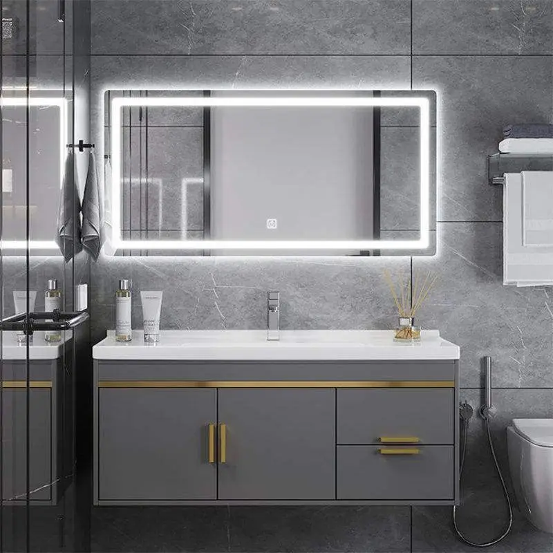 Wholesale Dark Gray Floor Standing Double Sink Bathroom Vanity with 3 Door LED Mirror Cabinet and Open Shelf for Home Ho — view 4