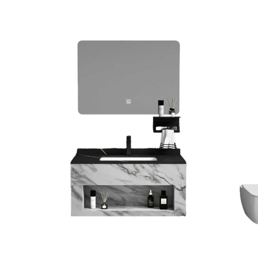 Customized Wall-Mounted Led Mirror Washbasin Stone Basin PVC Dressing Table Bathroom Vanity for Hotel Apartment — image 6