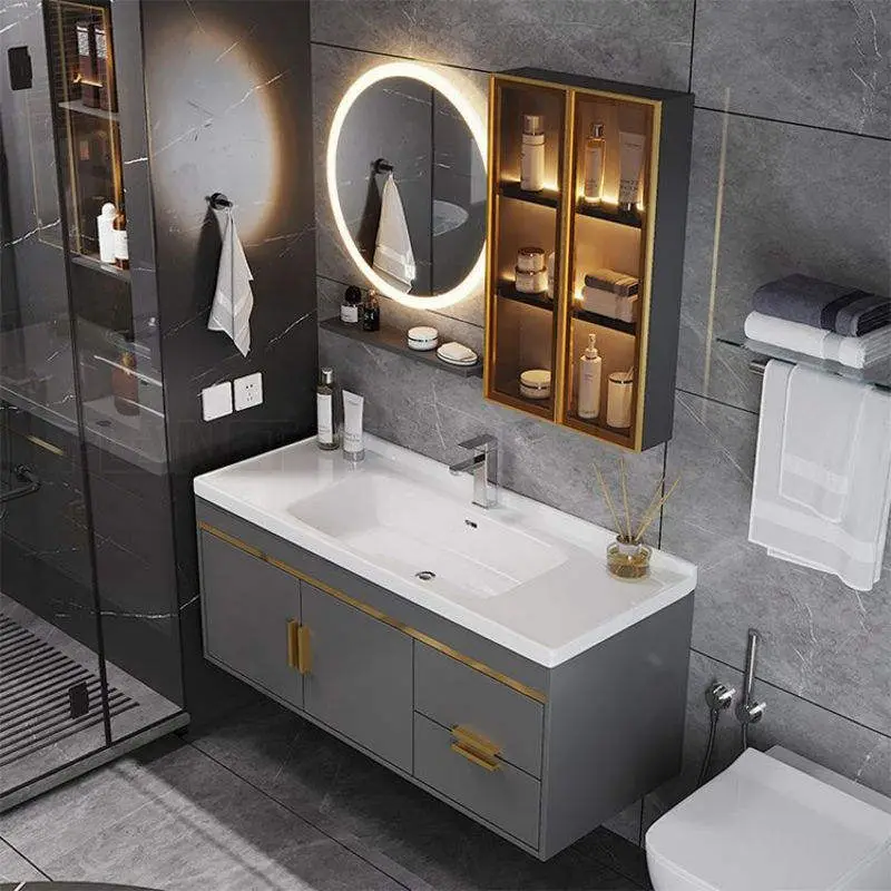Wholesale Dark Gray Floor Standing Double Sink Bathroom Vanity with 3 Door LED Mirror Cabinet and Open Shelf for Home Ho — view 5