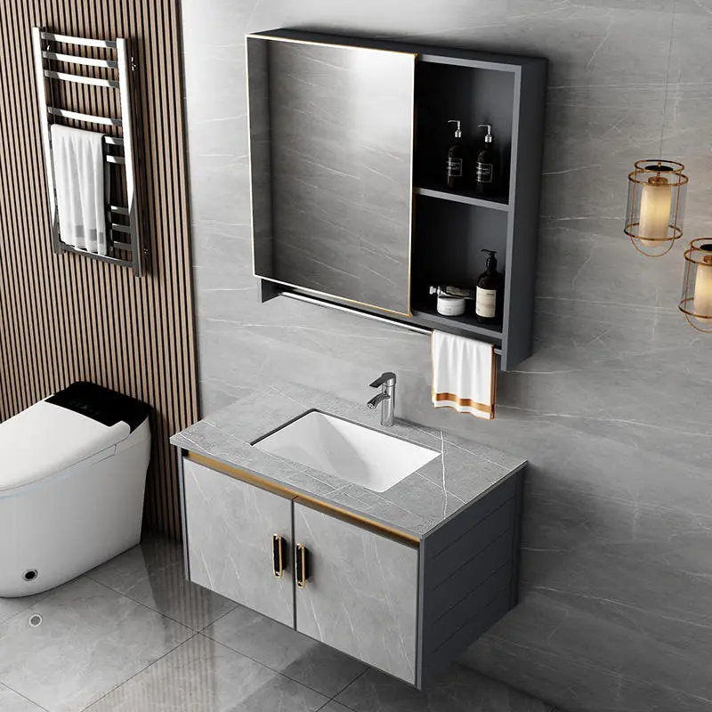 Factory Wholesale Gray Wall-mounted Double Door PVC Bathroom Cabinet with Washing Basin LED Mirror for Hotel Bathroom — view 1