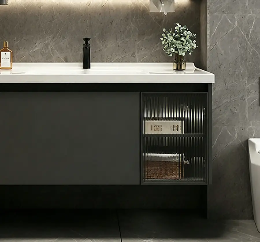 2026 New Model Wall-mounted Gray Single-drawer Glass Cabinet Ceramic Bathtub Bathroom Vanity for Hotel and Apartment Projects — image 7