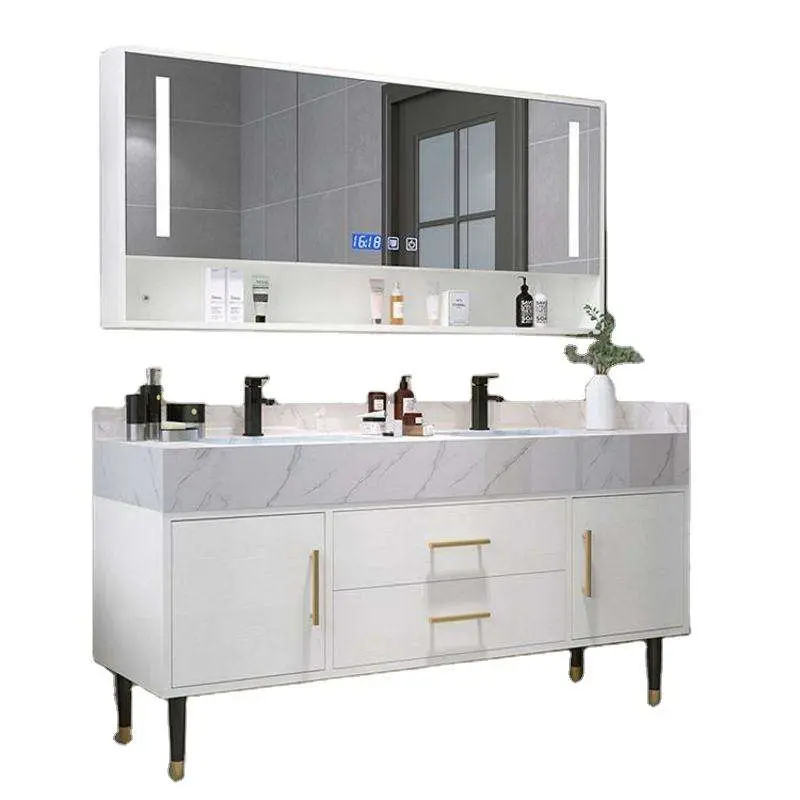 Wholesale Dark Gray Floor Standing Double Sink Bathroom Vanity with 3 Door LED Mirror Cabinet and Open Shelf for Home Ho — view 6