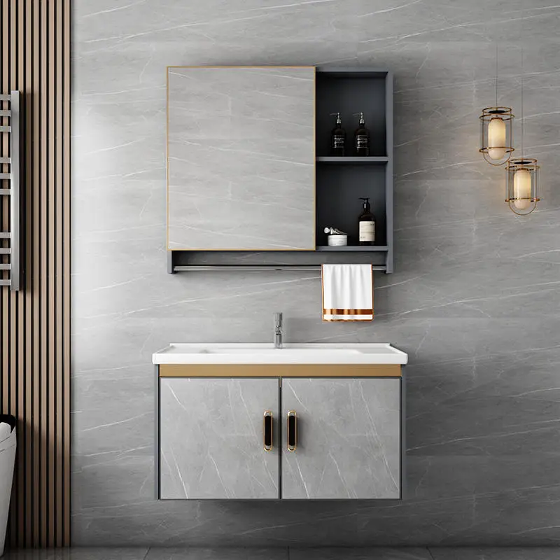 Factory Wholesale Gray Wall-mounted Double Door PVC Bathroom Cabinet with Washing Basin LED Mirror for Hotel Bathroom — image 3