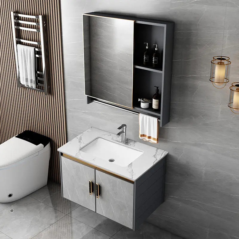 Factory Wholesale Gray Wall-mounted Double Door PVC Bathroom Cabinet with Washing Basin LED Mirror for Hotel Bathroom — image 4