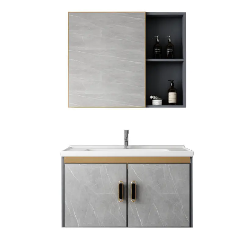 Factory Wholesale Gray Wall-mounted Double Door PVC Bathroom Cabinet with Washing Basin LED Mirror for Hotel Bathroom — image 5