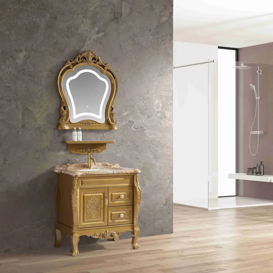 Customized Wholesale European-style Yellow High-end Floor-standing Waterproof and Durable Bathroom Vanity with Basin and — view 1
