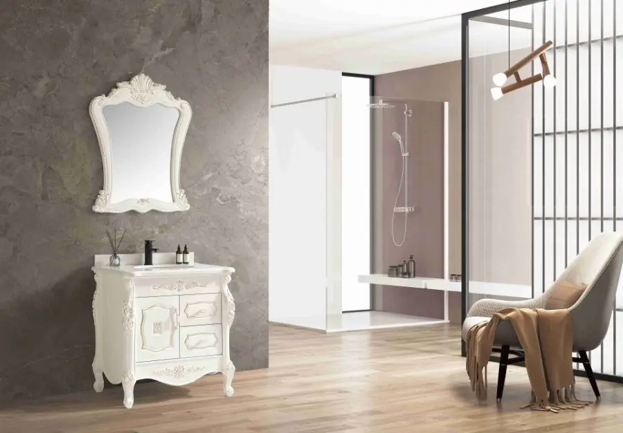 Customized Wholesale European-style Yellow High-end Floor-standing Waterproof and Durable Bathroom Vanity with Basin and Mirror — image 3