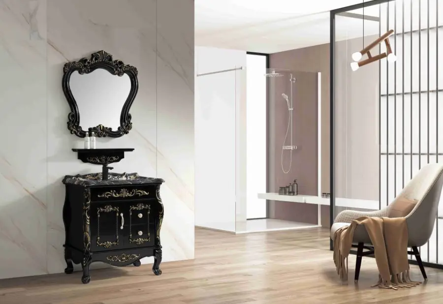 Customized Wholesale European-style Yellow High-end Floor-standing Waterproof and Durable Bathroom Vanity with Basin and Mirror — image 4