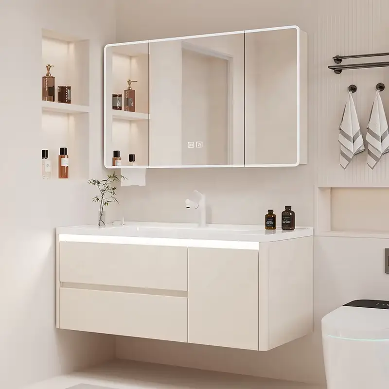 Factory Customized Waterproof Dressing Table Bathroom Vanity with Large Storage Smart LED Mirror for High-end Home Hotel — view 1