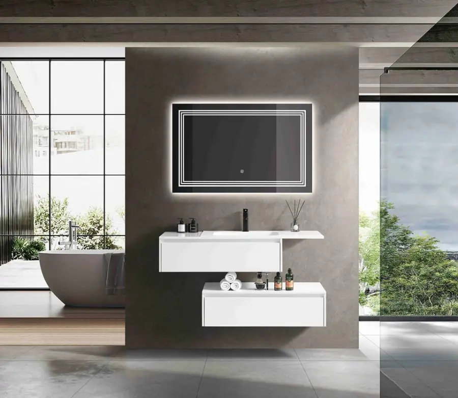 New Fashion Custom Wholesale Double-layer White Wall-mounted Hotel-style PVC Bathroom Vanity with Sink and Mirror — view 1
