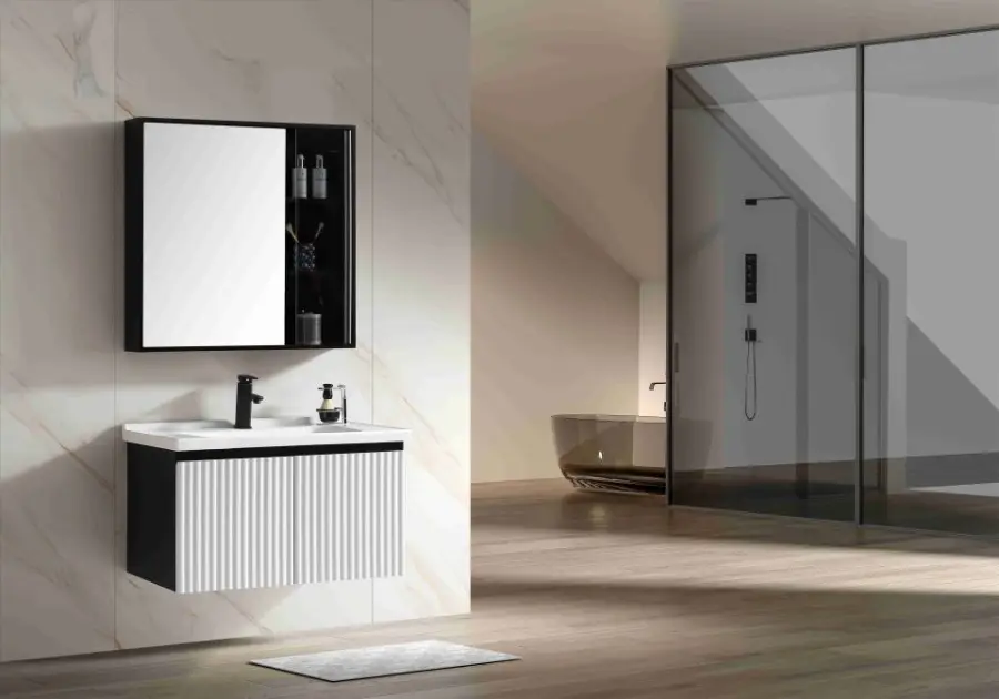 New Fashion Custom Wholesale Double-layer White Wall-mounted Hotel-style PVC Bathroom Vanity with Sink and Mirror — image 3