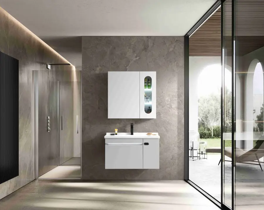 New Fashion Custom Wholesale Double-layer White Wall-mounted Hotel-style PVC Bathroom Vanity with Sink and Mirror — image 4