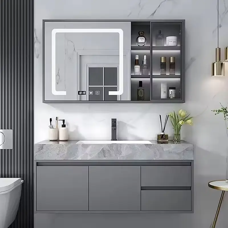 Custom-made Wholesale Seamless Wall-mounted Grey Double Door Soft-closing Furniture Bathroom Vanity for Bathroom Apartme — view 1