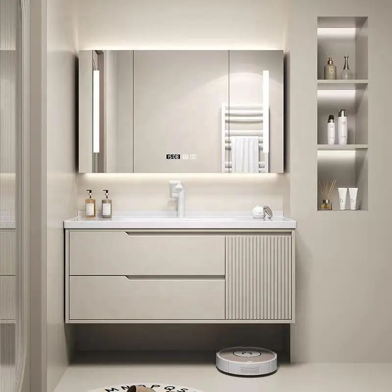 2026 Customized Wholesale Waterproof Durable Fluted White Double-door Wall-mounted Bathroom Vanity with Sink and Mirror — view 1