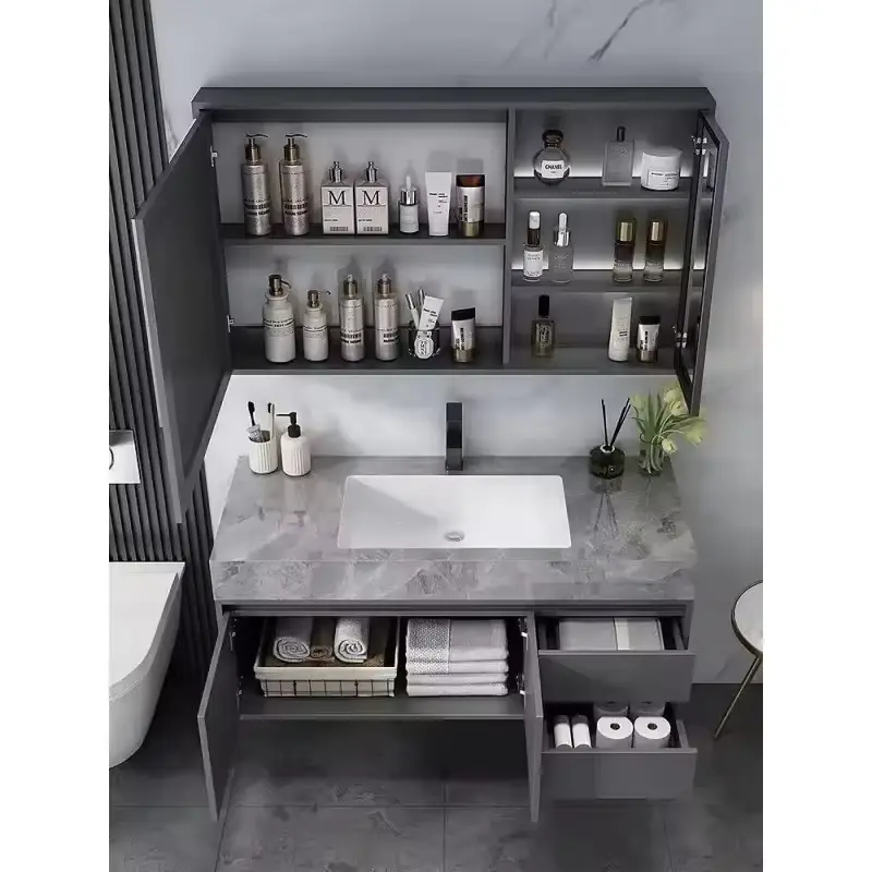 Custom-made Wholesale Seamless Wall-mounted Grey Double Door Soft-closing Furniture Bathroom Vanity for Bathroom Apartment — image 3