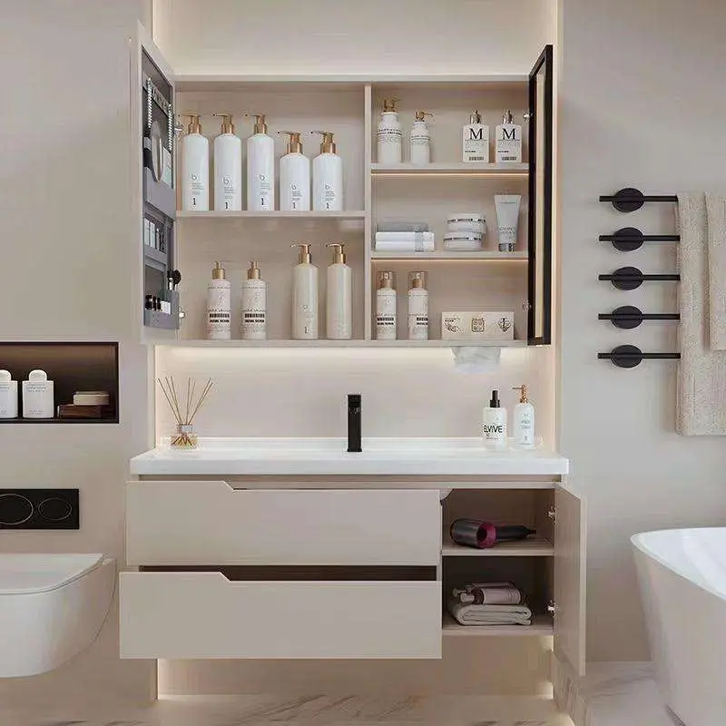 2026 Customized Wholesale Waterproof Durable Fluted White Double-door Wall-mounted Bathroom Vanity with Sink and Mirror Cabinet — image 3