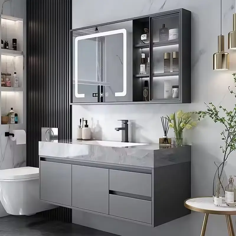 Custom-made Wholesale Seamless Wall-mounted Grey Double Door Soft-closing Furniture Bathroom Vanity for Bathroom Apartment — image 4