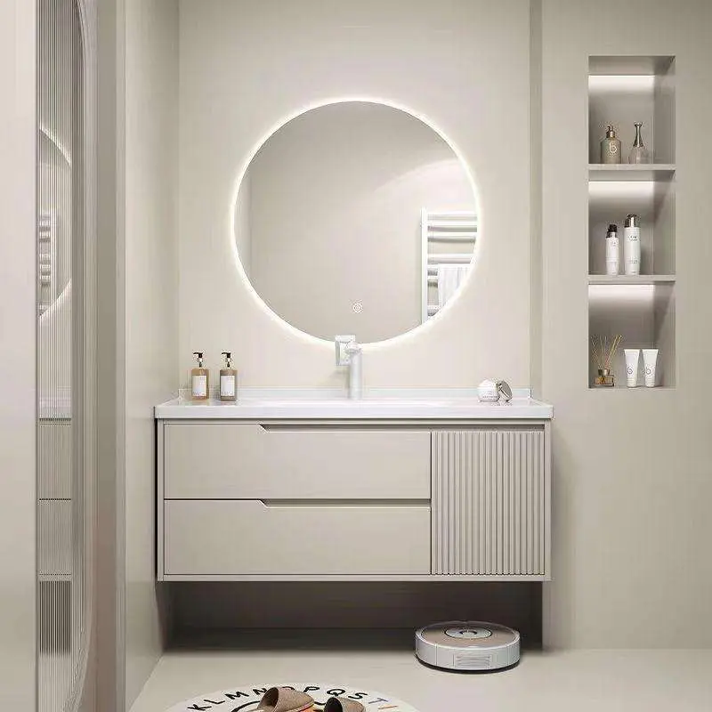 2026 Customized Wholesale Waterproof Durable Fluted White Double-door Wall-mounted Bathroom Vanity with Sink and Mirror Cabinet — image 5