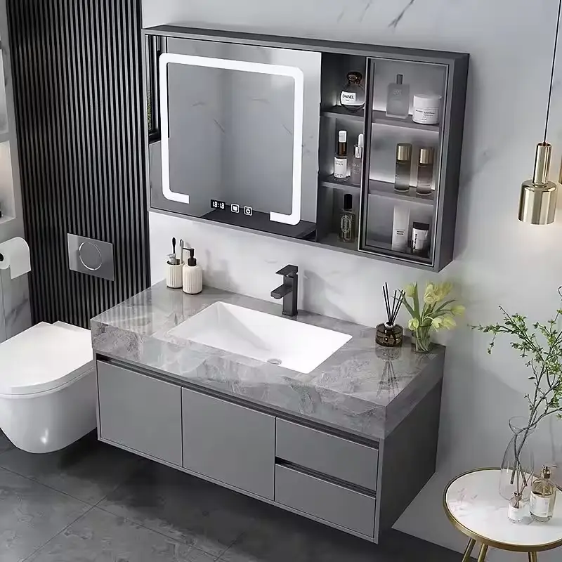 Custom-made Wholesale Seamless Wall-mounted Grey Double Door Soft-closing Furniture Bathroom Vanity for Bathroom Apartment — image 5