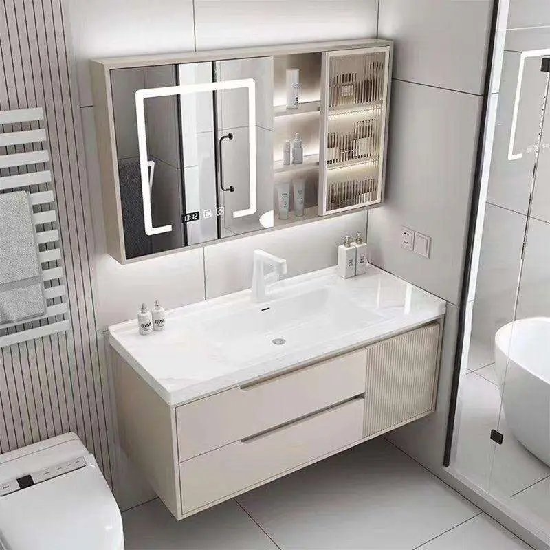 2026 Customized Wholesale Waterproof Durable Fluted White Double-door Wall-mounted Bathroom Vanity with Sink and Mirror Cabinet — image 6