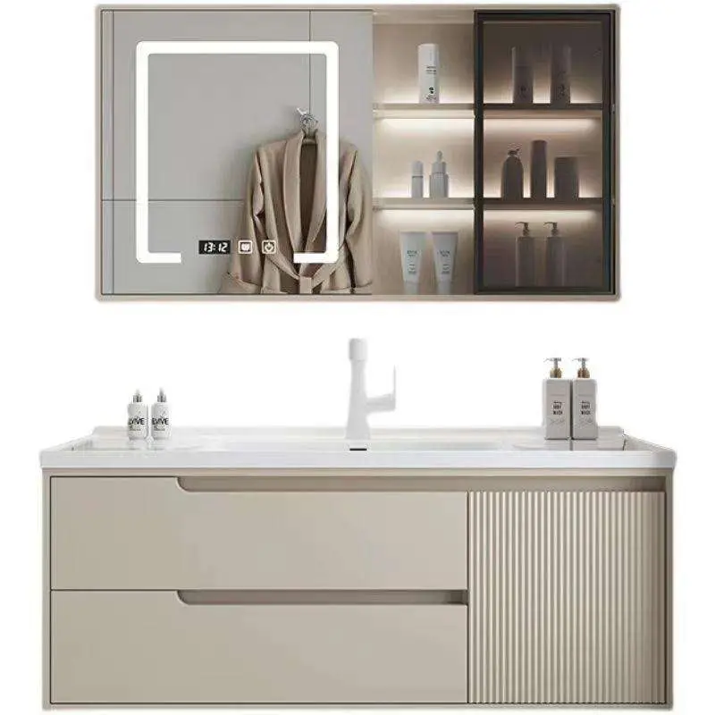 2026 Customized Wholesale Waterproof Durable Fluted White Double-door Wall-mounted Bathroom Vanity with Sink and Mirror Cabinet — image 7