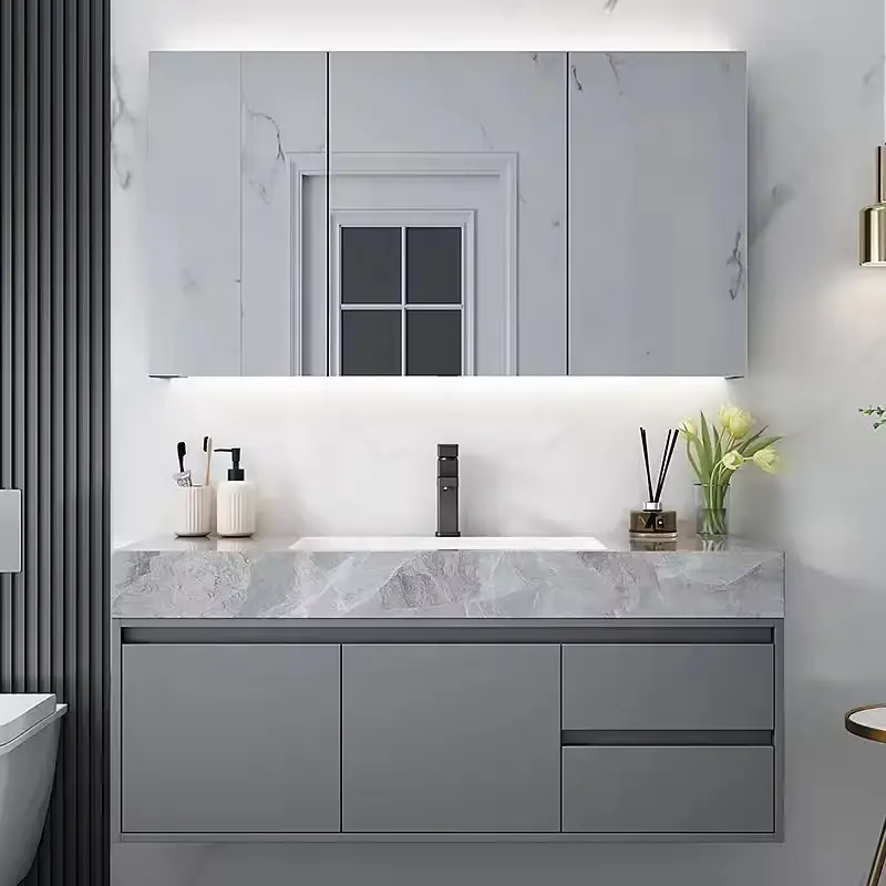 Custom-made Wholesale Seamless Wall-mounted Grey Double Door Soft-closing Furniture Bathroom Vanity for Bathroom Apartment — image 6