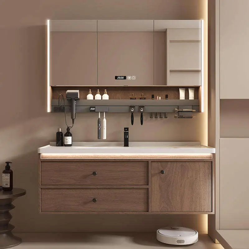 Modern Coffee-colored European-style High-end Rock Plate Ceramic Integrated Hotel Apartment Vanity Bathroom Vanity with — view 1