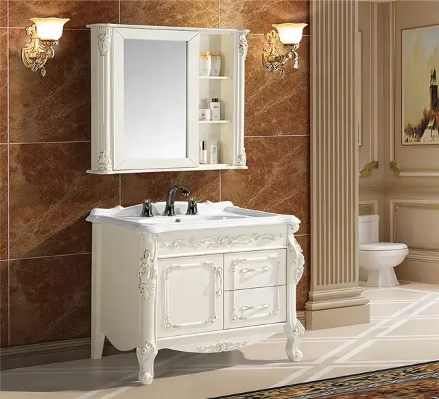 Customized Ce Europe Antique Large Capacity White PVC Dressing Table Bathroom Vanity Set with Mirror Cabinet for Hotel A — view 1
