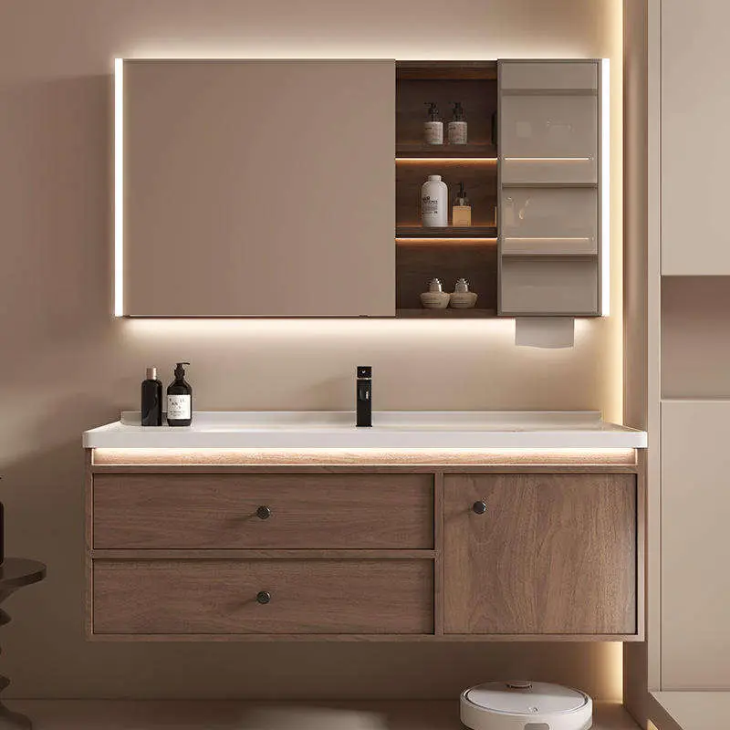 Modern Coffee-colored European-style High-end Rock Plate Ceramic Integrated Hotel Apartment Vanity Bathroom Vanity with — view 2