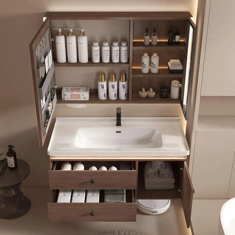 Modern Coffee-colored European-style High-end Rock Plate Ceramic Integrated Hotel Apartment Vanity Bathroom Vanity with — view 3