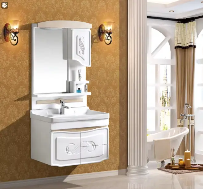 Customized Ce Europe Antique Large Capacity White PVC Dressing Table Bathroom Vanity Set with Mirror Cabinet for Hotel Apartment — image 3