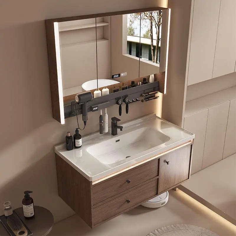 Modern Coffee-colored European-style High-end Rock Plate Ceramic Integrated Hotel Apartment Vanity Bathroom Vanity with — view 4