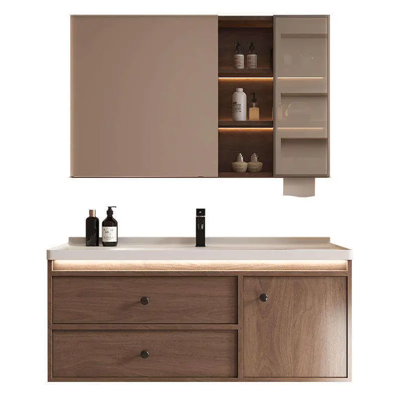 Modern Coffee-colored European-style High-end Rock Plate Ceramic Integrated Hotel Apartment Vanity Bathroom Vanity with — view 5