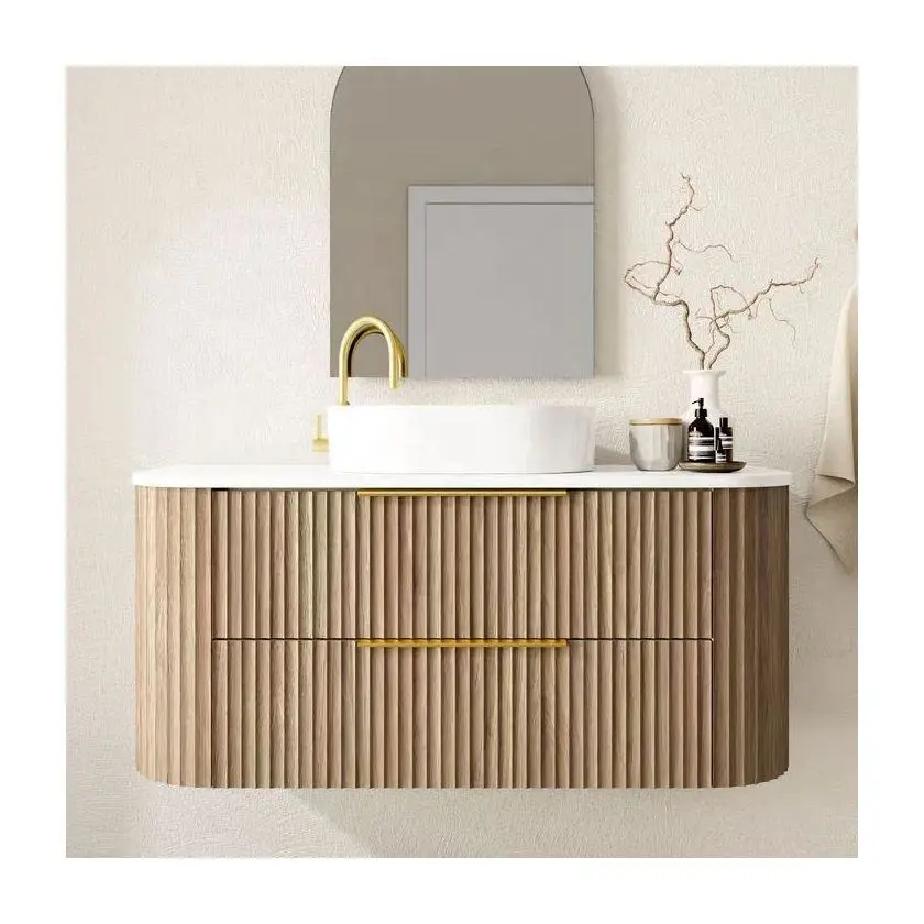Wholesale Custom High-quality Simple European-style Fluted Curved Luxury Wooden Floating Bathroom Vanity with Sink and M — view 1