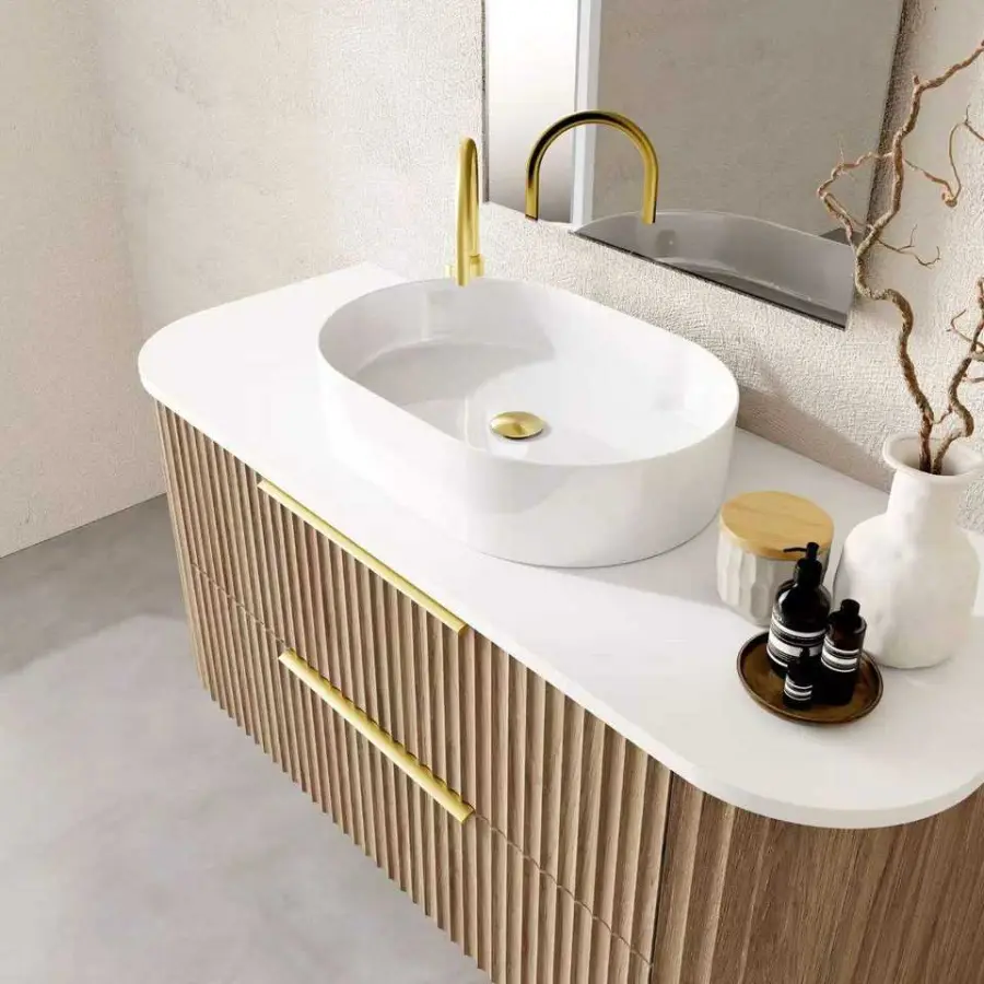 Wholesale Custom High-quality Simple European-style Fluted Curved Luxury Wooden Floating Bathroom Vanity with Sink and Mirror — image 4