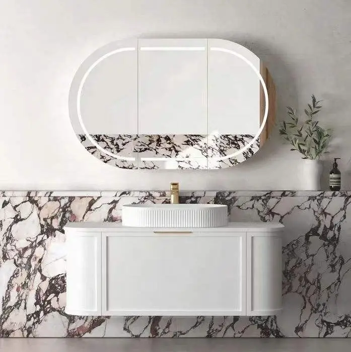 Wholesale Custom High-quality Simple European-style Fluted Curved Luxury Wooden Floating Bathroom Vanity with Sink and Mirror — image 5