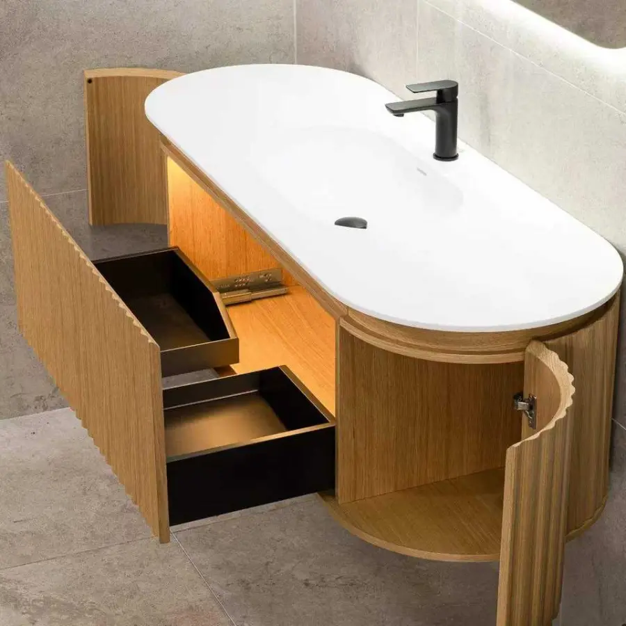 Wholesale Custom High-quality Simple European-style Fluted Curved Luxury Wooden Floating Bathroom Vanity with Sink and Mirror — image 6