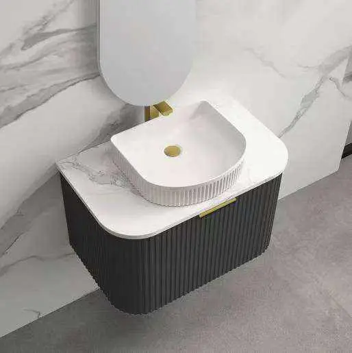 Wholesale Custom High-quality Simple European-style Fluted Curved Luxury Wooden Floating Bathroom Vanity with Sink and Mirror — image 7