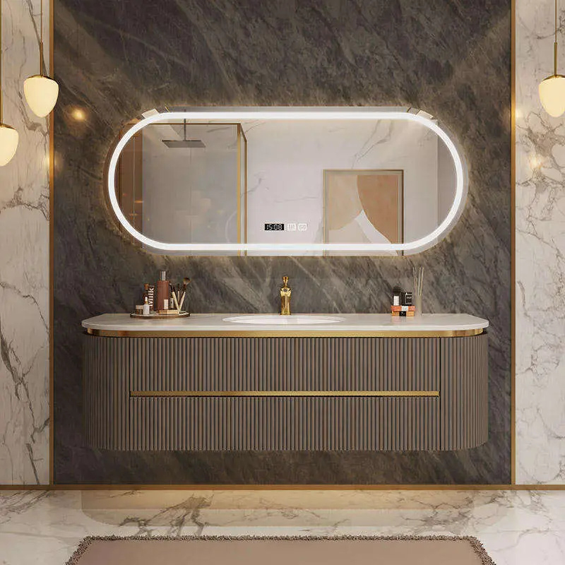 Luxury Light Grey Fluted Wall-mounted Double Sink Bathroom Vanity with Marble Top Gold Trim Oval LED Mirror for Hotel Vi — view 2