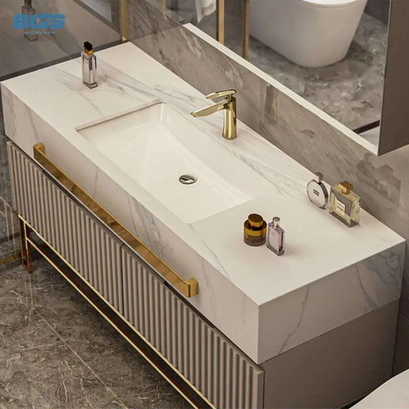 Luxury Grey Floor Standing Double Sink Bathroom Vanity with Marble Top Gold Trim Metal Legs Round LED Mirror for Hotel V — view 1