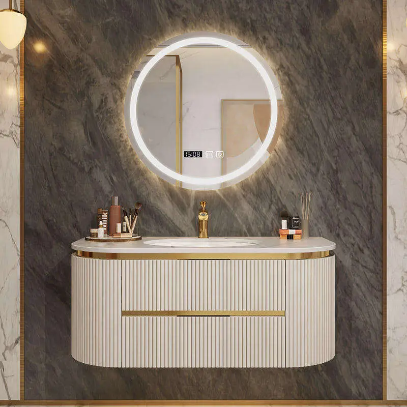 Luxury Light Grey Fluted Wall-mounted Double Sink Bathroom Vanity with Marble Top Gold Trim Oval LED Mirror for Hotel Vi — view 3