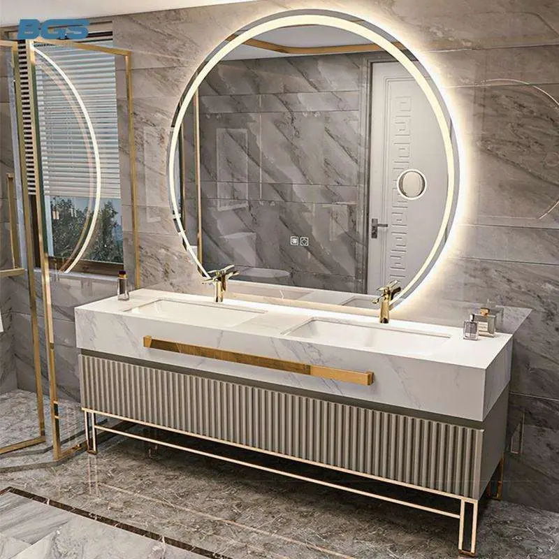 Luxury Grey Floor Standing Double Sink Bathroom Vanity with Marble Top Gold Trim Metal Legs Round LED Mirror for Hotel V — view 2
