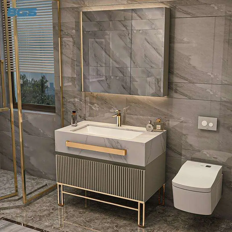 Luxury Grey Floor Standing Double Sink Bathroom Vanity with Marble Top Gold Trim Metal Legs Round LED Mirror for Hotel V — view 3
