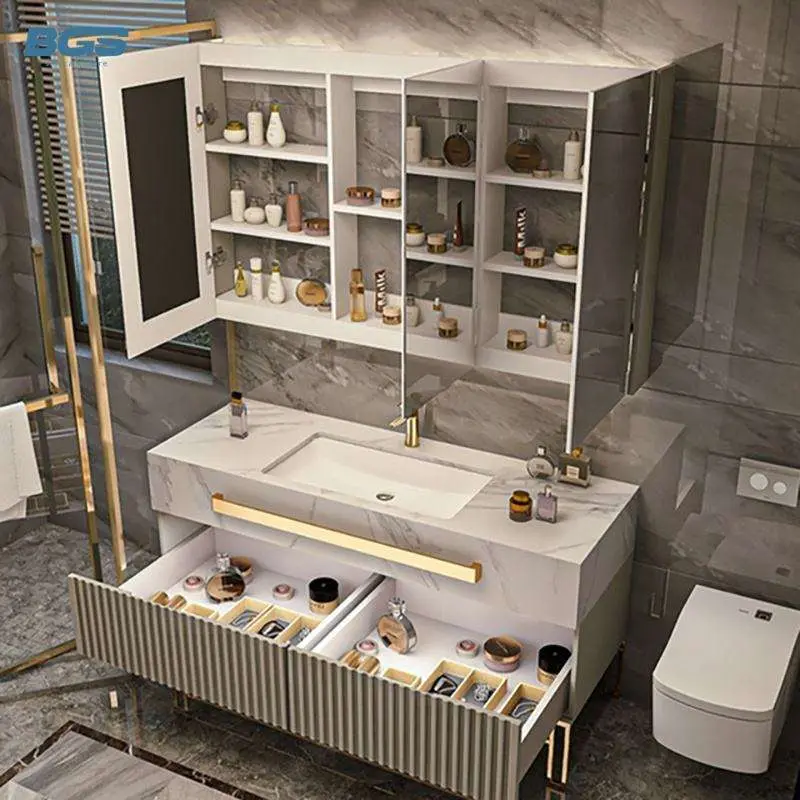 Luxury Grey Floor Standing Double Sink Bathroom Vanity with Marble Top Gold Trim Metal Legs Round LED Mirror for Hotel V — view 4
