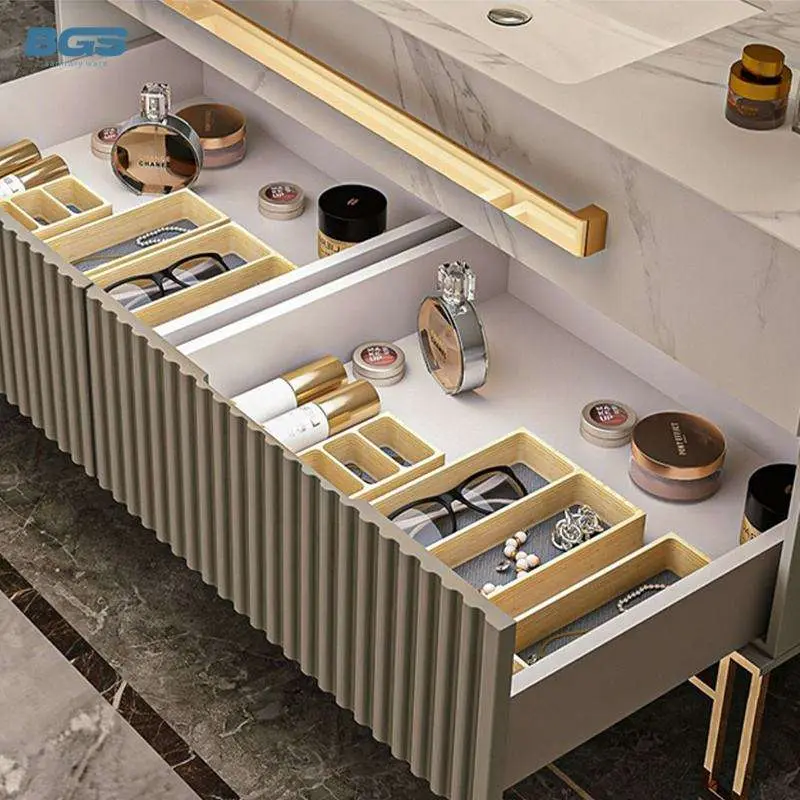 Luxury Grey Floor Standing Double Sink Bathroom Vanity with Marble Top Gold Trim Metal Legs Round LED Mirror for Hotel V — view 5